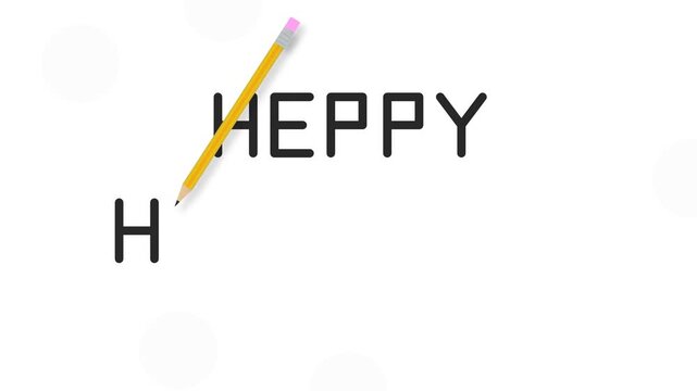 Conceptual minimalist graphic illustration featuring a yellow pencil writing out the word happy on a clean white background with soft bokeh