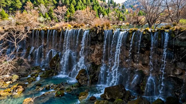 waterfall cascade over rugged rocks in forest scene