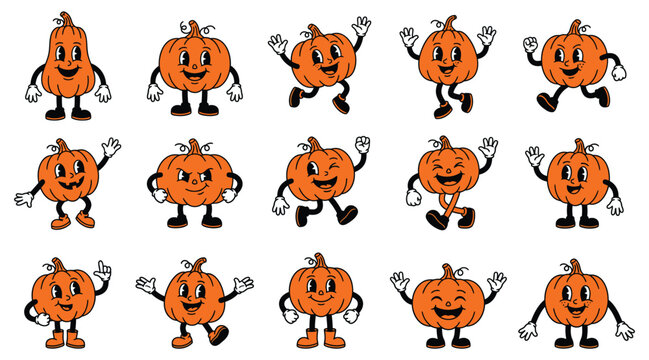 Set of cute cartoon pumpkin characters with various expressions and poses for fun halloween celebration design elements