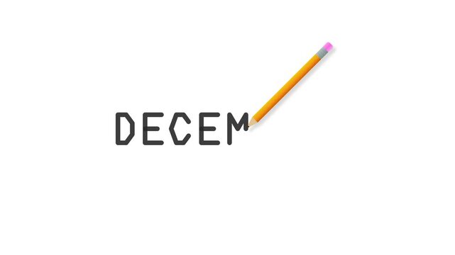 Pencil writing the word December on a clean white background in a minimal animation sequence