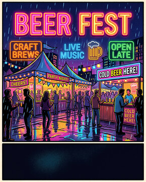 Neon Pop Art Beer Fest Rainy Night Market Poster with Halftone Texture