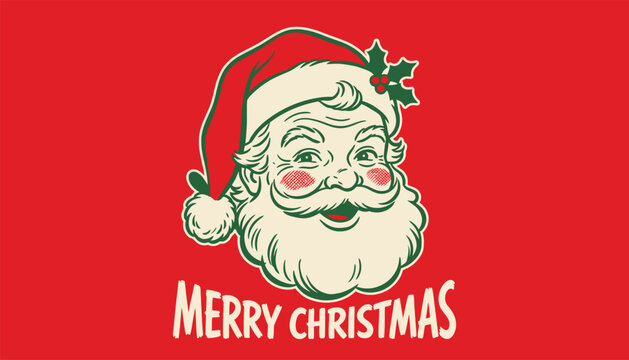Vintage santa claus head illustration with merry christmas text on a red background