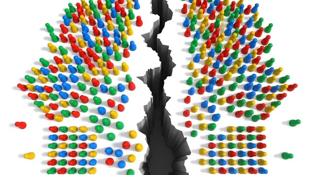 Colorful pawns separated by a deep crack representing decoupling