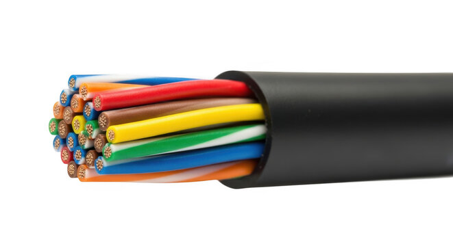 Multi-core electrical cable isolated. Industrial wiring with colored wires. Power supply.