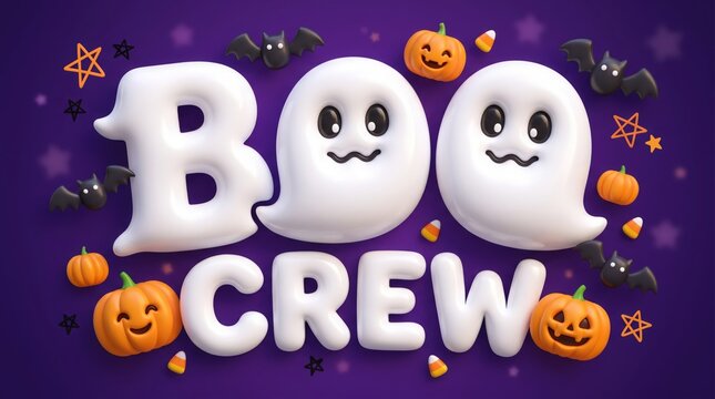 Happy ghost characters spelling boo crew with halloween elements