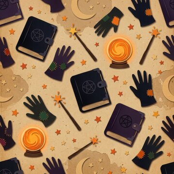 Enchanting witchy pattern with magic books gloves wands and crystal balls for mystical creations and occult themes.