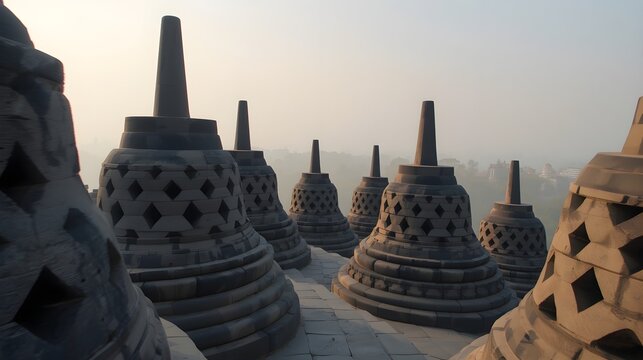 Close-up of Ancient Buddhist Stone Stupas of Borobudur Temple During Foggy Morning Light, Magelang, Central Java, Indonesia