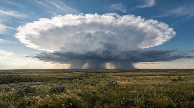 Massive supercell thunderstorm with anvil cloud over a vast prairie landscape