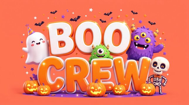 Fun halloween boo cream cartoon characters with bats