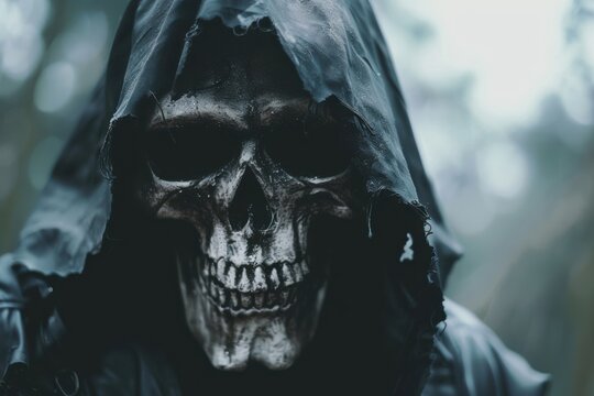 Grim reaper with sharp scythe in hell with dark dramatic color