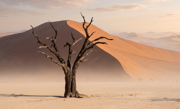 Iconic ancient dead camel thorn tree standing against immense Namib Desert dunes