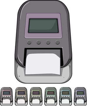 press label printer cartoon. dtg barcode, roll paper press label printer sign colorful illustration