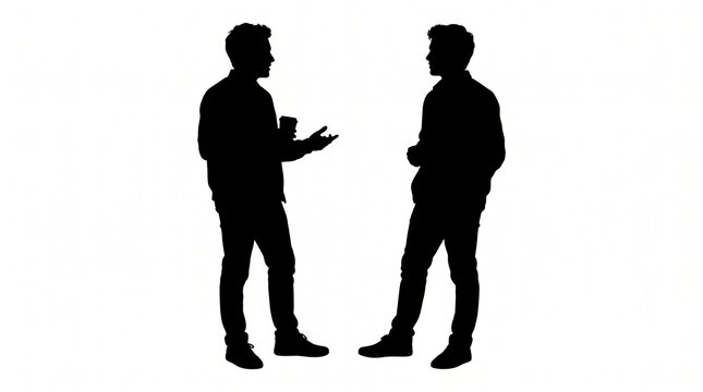 Two men in silhouette talking while standing together and holding coffee cups against white background