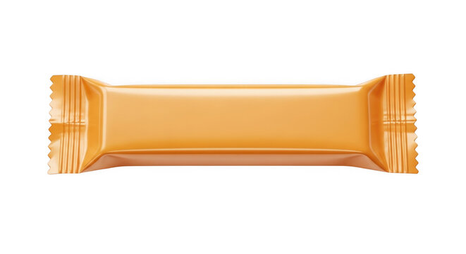 Blank orange snack bar package. Mockup of a food wrapper. Isolated candy bar container.