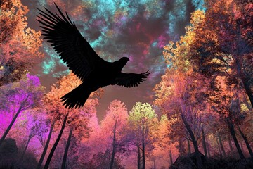 Naklejka premium Giant bird soars above vibrant forest filled with colorful trees and magical atmosphere in daytime