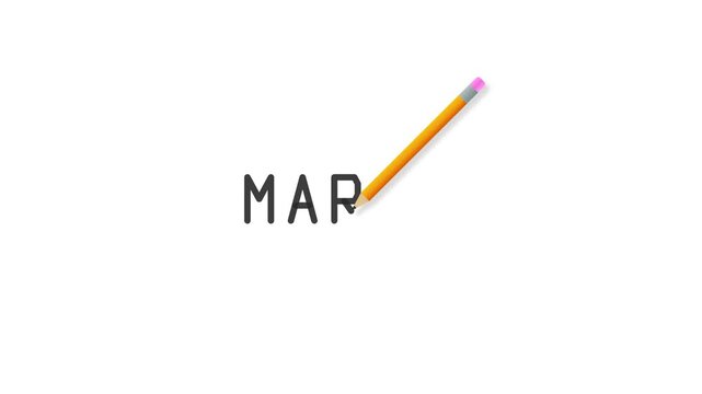 A yellow graphite pencil hand drawing the letters of the word March on a clean white background in a smooth animated motion sequence