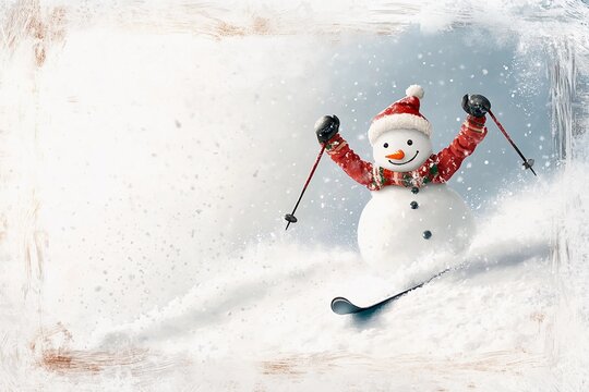 Snowman enjoys skiing down a snowy hill with arms raised in joy on a bright winter day