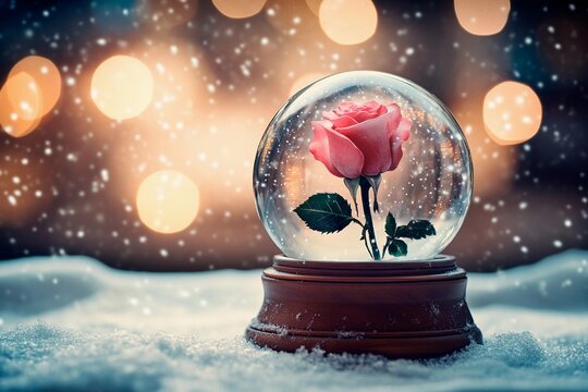 Frozen rose encased in delicate snow globe on a snowy background