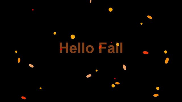 Hello Fall text with animated autumn leaves falling on black background.