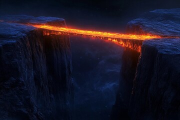 Fototapeta premium Glowing bridge illuminates dark chasm beneath starry sky at twilight near lush cliffs
