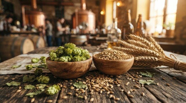 A rustic wooden table displays a bowl of fresh green hops and a bundle of wheat grains. Behind the table, a brewery interior is visible with large copper brewing 