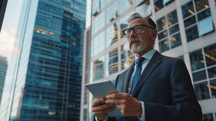 Fototapeta premium Confident mature businessman reviewing digital tablet in modern glass skyscraper office district