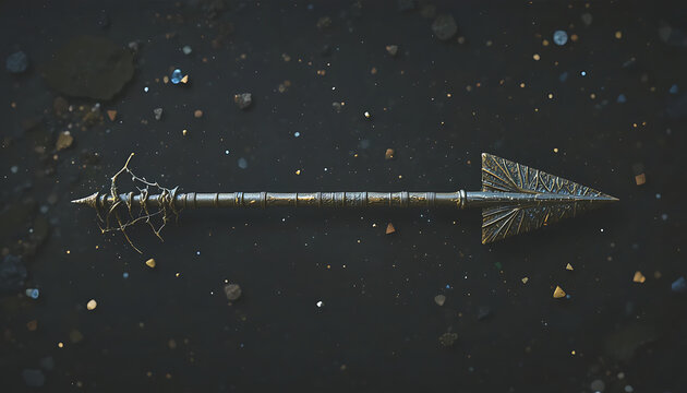 Metallic arrowhead with triangular shape and intricate vein-like engravings attached to decorated shaft with ridges and vine-like wires placed against dark background scattered with multicolored stone