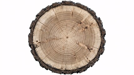Naklejka premium Top view of a circular tree trunk slice showing detailed natural wood rings and bark.
