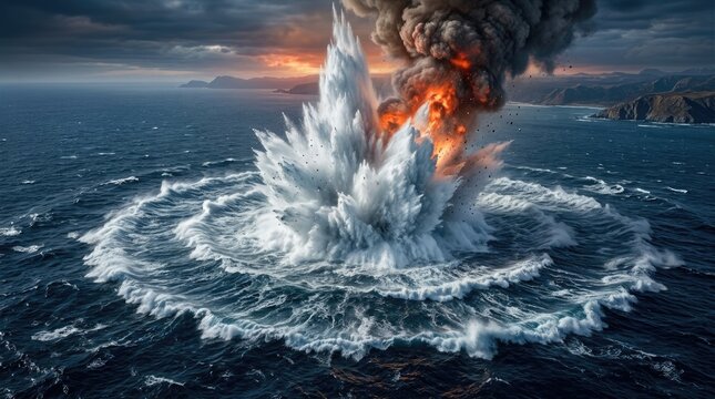 A massive explosion occurs beneath the ocean surface, creating a towering column of water and fire. The explosion sends a powerful shockwave outwards, 