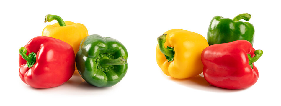  Set of  Red, Green, and Yellow Bell Peppers on White background. 
