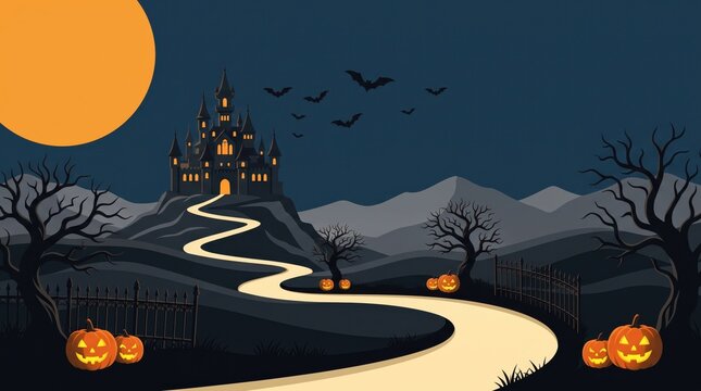 Pixel art style haunted house on a hill with a glowing path and orange full moon at night