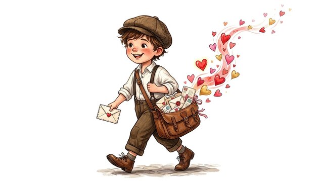 A young boy postman delivers letters with hearts floating around him. He is wearing a cap, a white shirt, suspenders, and brown trousers. He carries a brown 