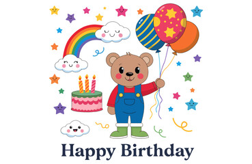 Fototapeta premium Cute Teddy Bear Happy Birthday Greeting Card with Rainbow and Cake Vector