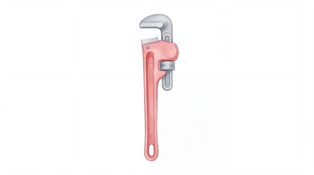 Watercolor hand drawn red traditional adjustable pipe wrench plumbing tool with steel jaws, plumber repair equipment graphic illustration on clean white background