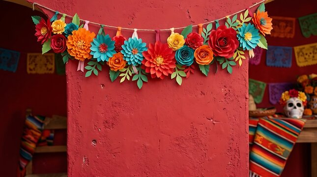 Vibrant Mexican Fiesta Decorations with Papel Picado ,Hispanic Heritage Celebration Month, Latino Ctivalultural Festival, Cinco de Mayo, D&iacute;a de los Muertos, Carnaval, Inti Raymi