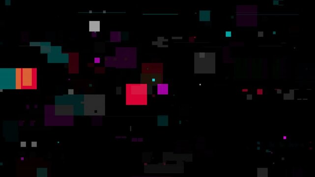 4K Abstract Digital Glitch Overlay with Colorful Neon Squares and Compression Artifacts,. Ideal for use as a video overlay (using Screen or Add blending modes), tech transitions, cyberpunk backgrounds