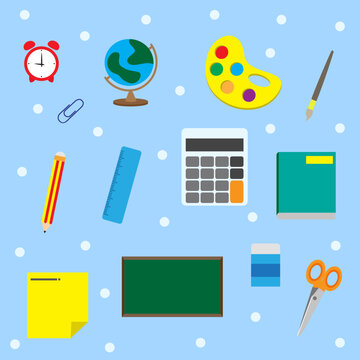 School supplies and education stationery set with globe calculator pencil book scissors and chalkboard vector illustration.