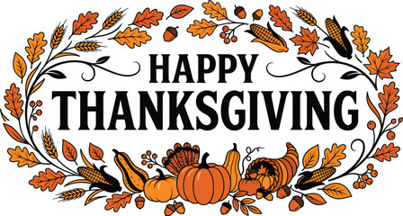Naklejka premium A festive thanksgiving greeting with autumn leaves and a cozy cabin scene wishing you joy and gratitude