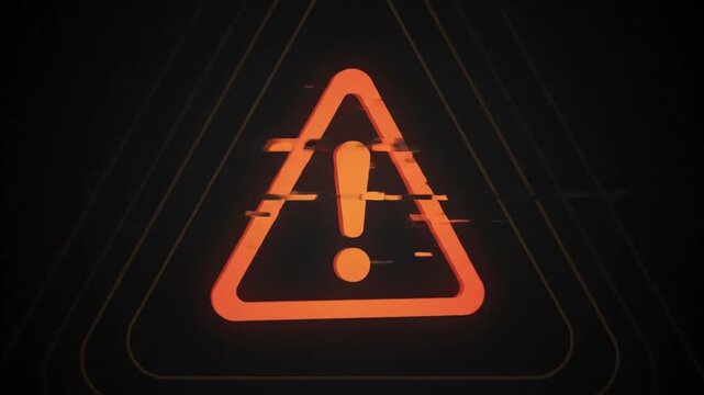 Animated warning sign with glitch effects and geometric transitions for digital alert... caution d