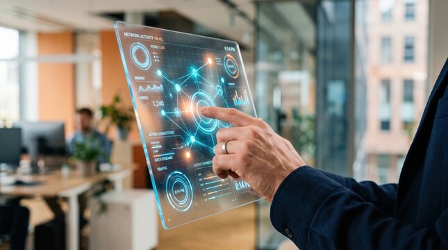 of a hand using a transparent tablet device to interact with a holographic network activity dashboard, showing connected nodes, data streams, and traffic statistics