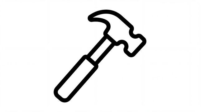 Minimalist black outline steel claw hammer icon, carpentry woodworking nail driving handyman repair tool vector line art graphic on clean white background