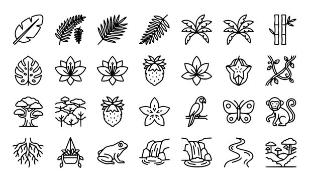 Minimal jungle and rainforest editable stroke line icon set featuring botanical foliage tropical leaves exotic plants wildlife waterfalls and nature