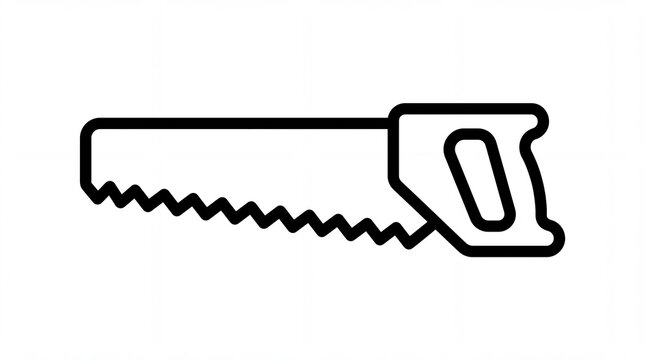 Minimalist black outline manual wood hand saw icon with teeth blade, carpentry woodworking timber cutting tool vector line art on clean white background