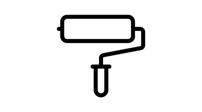 Minimalist black outline wall paint roller tool icon with handle, home renovation room decorating painting tool vector line art on clean white background