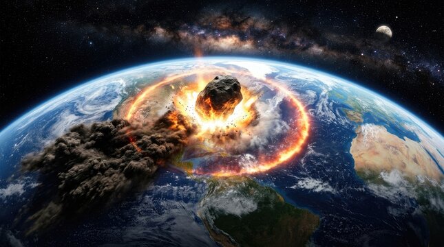 A massive asteroid impacts Earth, creating a colossal explosion and a fiery ring around the planet. The impact zone is centered over a landmass, generating a massive plume of smoke and debris. 