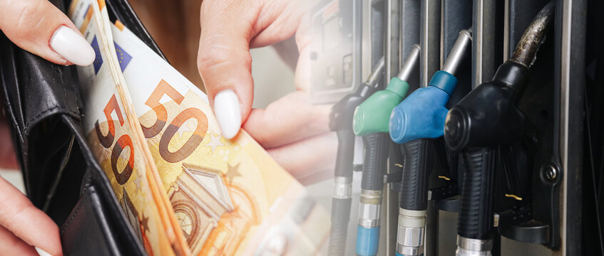 Euro banknotes meet fuel nozzles. Petrol costs pressure household budgets. Drivers face higher refueling expenses. Fuel prices affect transport inflation. Energy spending forms economic background.