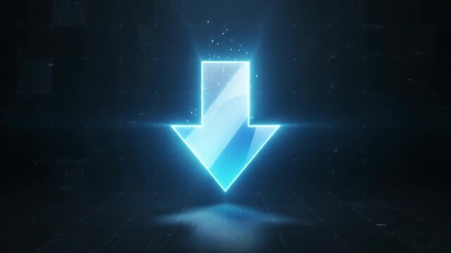 Glowing neon downward arrow animation on dark digital grid background, for ui ux, interface d