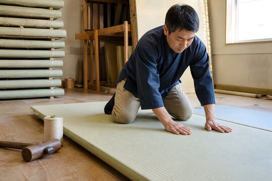 畳店で畳表を張り替える職人
