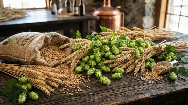 A rustic wooden table displays a burlap sack filled with grains and a generous bunch of fresh green hops. Wheat stalks and grains are scattered around the sack, 