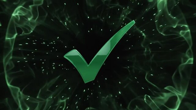 Green glowing check mark symbol animation on abstract dark background, for success and, approval des